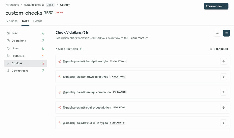 Schema check run showing custom check errors and warnings in GraphOS Studio