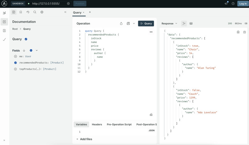 Apollo Sandbox IDE showing successful query and response at the end of the router quickstart